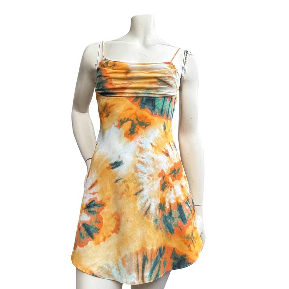 Saints +‎ Secrets Tie Dye Mini Dress Cowl Neck Festival Boho Y2K Orange Green S